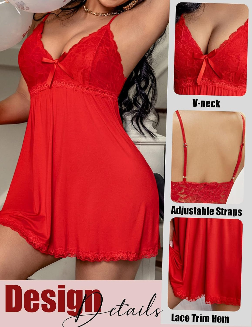Women Nightgown Sexy Sleepwear Lace Chemise V-Neck Modal Babydoll - Lucksdeal